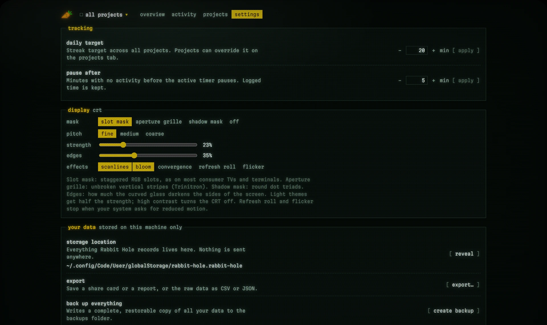 Settings, including the CRT display